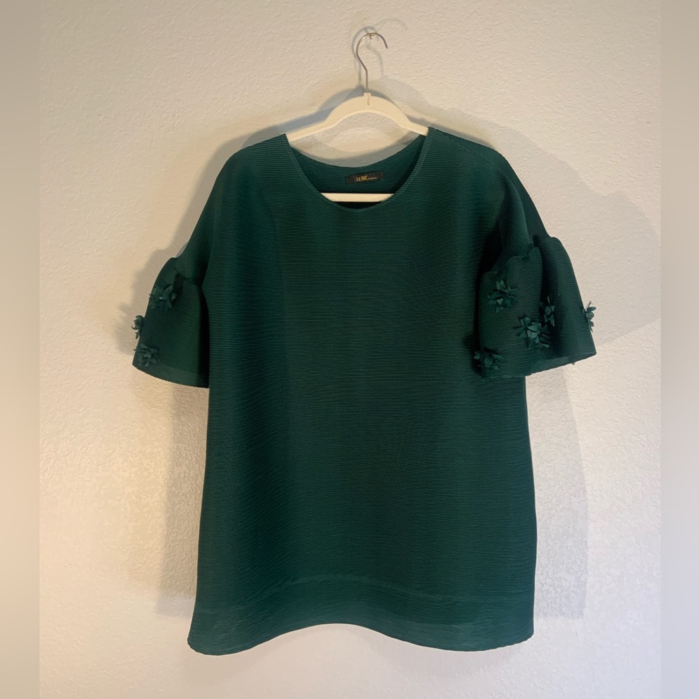 Dark Green Pleated Short Sleeve Top with Handmade Floral Accents on Sleeves💚